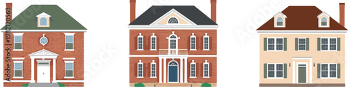 Three distinct colonial style houses arranged in a row for architectural comparison