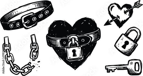 Black and white line art heart locked with belt padlock key chain and pierced arrow