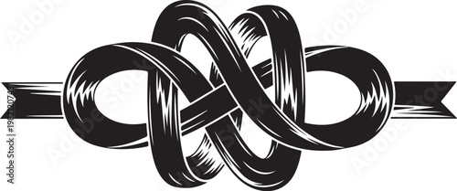 Knot, intertwined ribbons, black and white vector, elegant design element, graphic illustration