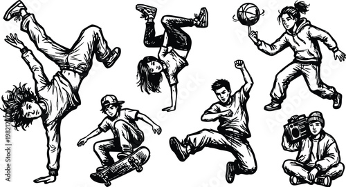 Line art dynamic street dancers and skateboarders performing tricks and poses black and white vector art