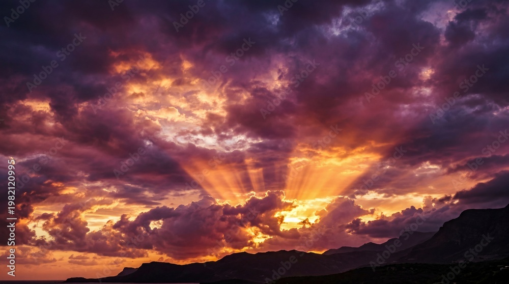 Obraz premium Dramatic sunset sky with golden sun rays breaking through dark clouds