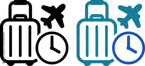 旅行準備と出発時間を表すスーツケースと時計のシンプルアイコン（Travel preparation and departure time suitcase and clock icon）
