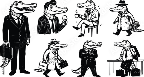 Black and white crocodile businessmen set eight poses with briefcases and trenchcoat