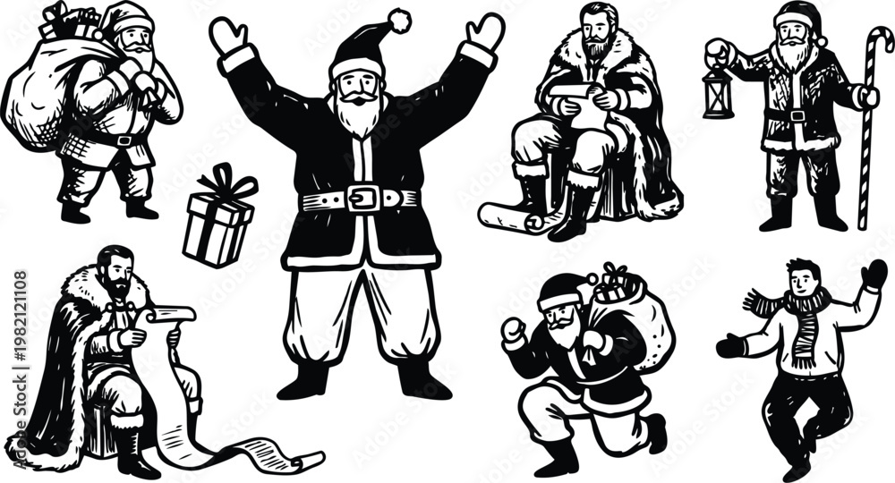 Obraz premium Black and white line art santa claus group with sacks gifts lantern and candy cane