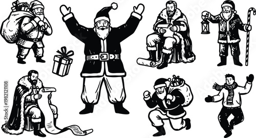 Black and white line art santa claus group with sacks gifts lantern and candy cane