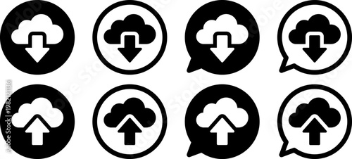クラウドアップロード・ダウンロードのアイコンセット モノクロUIデザイン素材 Cloud Upload and Download Icon Set Monochrome UI Design
