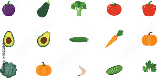 Assorted fresh vegetables arranged in a clean grid pattern on a white background
