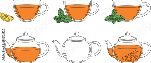Flat line vector illustration set of glass teapots and cups with orange herbal tea mint leaves and lemon slices.