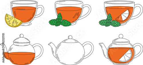 Flat line vector illustration set of glass teapots and cups with orange herbal tea mint leaves and lemon slices.