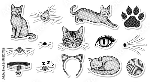 Monochrome Cat Icons and Elements Illustration for Pet-Themed Design and Decor