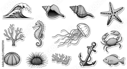 Ocean Life Dotted Illustration Set with Starfish Crab Seahorse and Sea Creatures