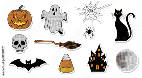 Fun Collection of Spooky Halloween Stickers with Classic Seasonal Symbols