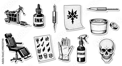 Collection of traditional tattoo tools equipment and art supplies in a vintage style
