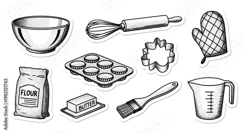 Cooking Utensil and Ingredient Doodle Set for Baking and Kitchen Arts