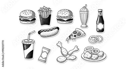 Monochrome Fast Food Collection Drawn with Detailed Dotwork Style for Various Uses