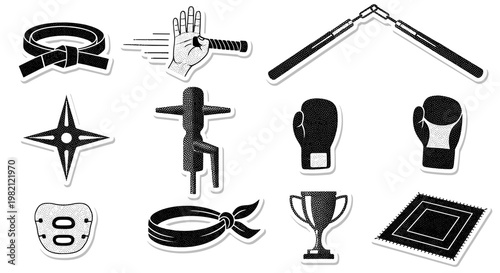 Collection of various martial arts and combat sport equipment with graphic texture