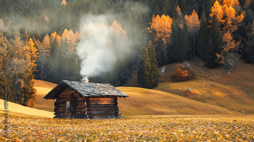 Rustic Cabin in Smokey Autumn Forest – Tranquil Retreat with Warm Sunset Glow