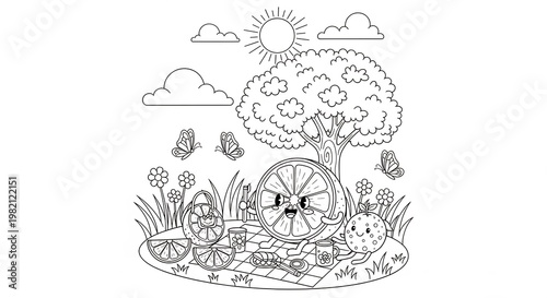 Cute Orange Slice Character Enjoying a Picnic Under a Tree.