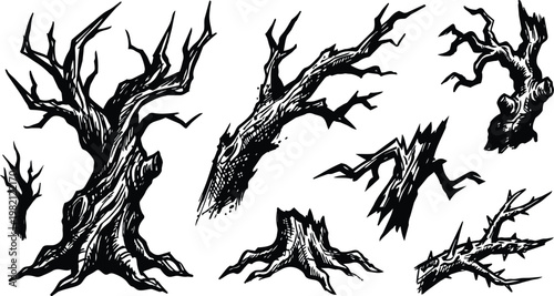 Black and white gnarled tree and root stump set in bold line art
