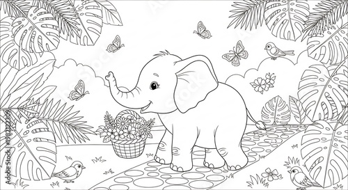 Cute Baby Elephant with Flower Basket in Jungle Coloring Page.
