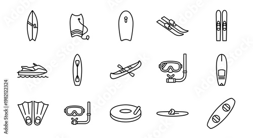 Outline Icons Collection Representing Various Water and Winter Sports Equipment