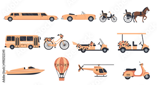 Collection of wedding transportation vehicles for event celebration and special day