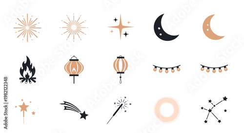 Celebration Event Element Collection with Fire Lanterns Stars and Moons