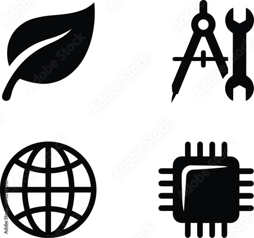 Global technology and engineering concepts featuring nature leaf, industrial tools, world globe, and computer microchip icons for sustainable innovation and development.