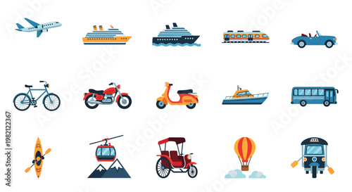 Diverse collection of transportation methods for travel and journey 