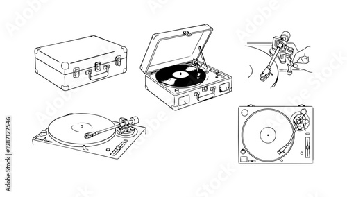 Line illustration set of vinyl record players and audio equipment, representing retro music systems, sound technology, and vintage entertainment concepts.