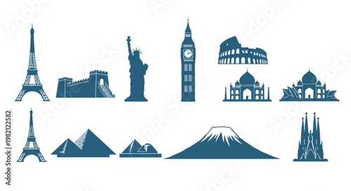 Compilation of iconic world landmarks: a global journey in simple silhouette art