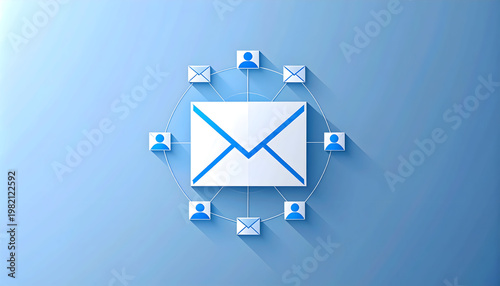 Minimalist email network concept with an envelope at the center, surrounded by user icons, symbolizing communication flow, teamwork, and digital interaction in a simple style.