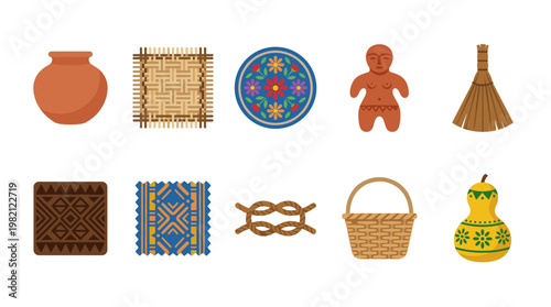 Collection of traditional folk culture items crafts and handmade objects