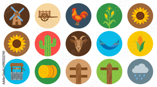 Collection of Farm and Countryside Icons: Rustic Elements for Rural Themes
