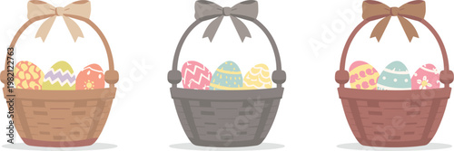 Three pastel Easter baskets filled with decorated eggs and tied with bows on a white background