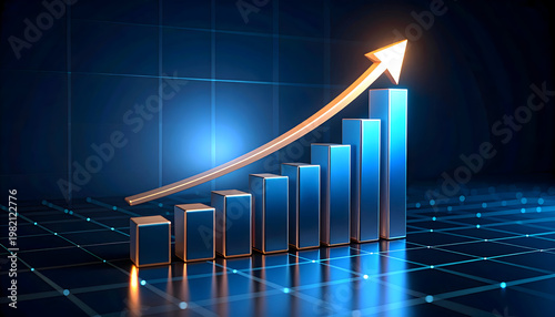 Futuristic financial bar chart with a glowing upward arrow on a digital grid, symbolizing economic growth, success, data analytics, and business performance in a tech-driven world.
