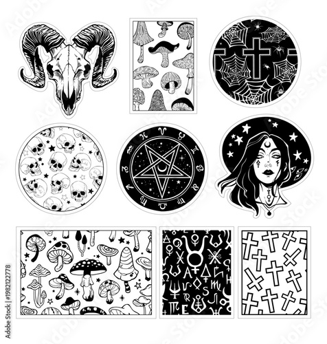 Sticker set. No background, black fill, with cutting outlines.