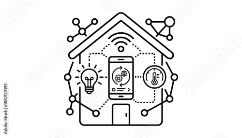 smart home technology automation icon with mobile app and sensors on transparent background
