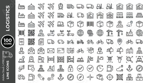 A collection of logistics icons including shipping, transportation, and delivery symbols. AI, eps, png, jpg. transparent background.