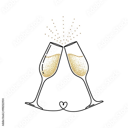 Champagne glasses toast with golden glitter and heart line