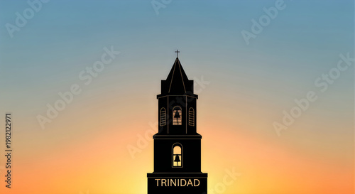 Iconic Trinidad Cuba Bell Tower Silhouette Against Golden Sunset Sky