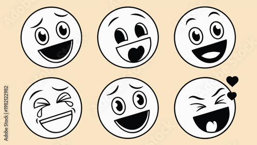 A collection of six black and white smiling face icons with varying expressions and a heart