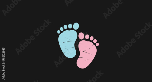 Pair of Baby Footprints in Blue and Pink Colors on a Dark Background