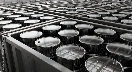 Industrial oil barrels packed in shipping containers black and white