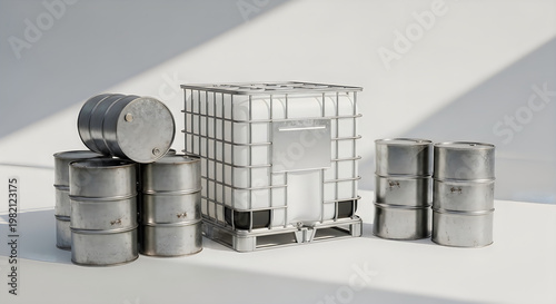 Industrial Storage Metal Oil Barrels and IBC Container in Studio