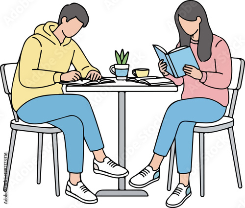 Couple Studying at Cafe Table Flat Line Illustration

