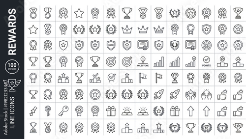A collection of line icons depicting various rewards and achievements in a grid layout AI, eps, png, jpg. transparent background.