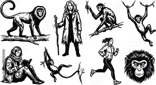 Black and white woodcut style monkeys multiple poses woman with staff reader and runner