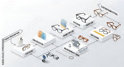 Isometric Optical Service Infographic showing Eye Exam and Eyewear Process
