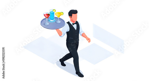 Isometric Waiter Character Carrying Tray with Colorful Cocktails